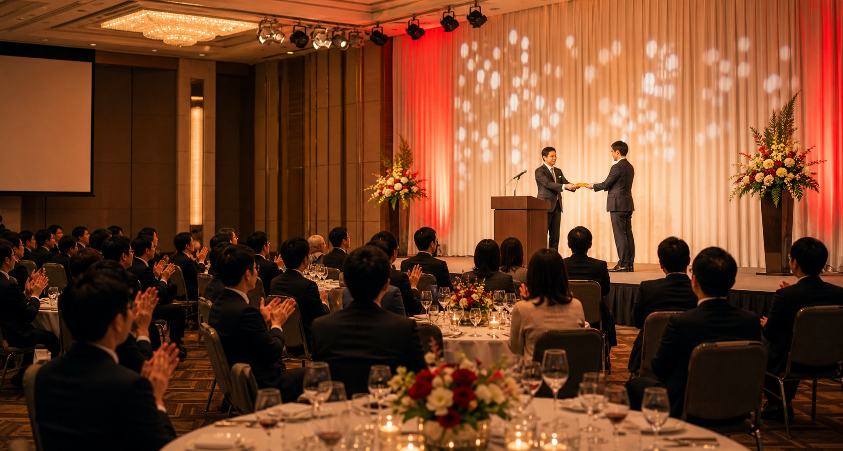 周年イベント当日の式典会場で一体感を高める活発本番期のイメージ